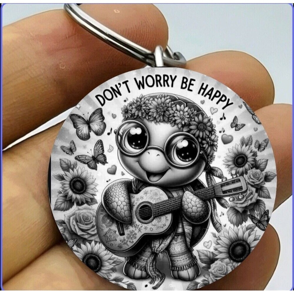 Cute Animal Tutle Sing Song Plag Guitar Don't Worry Be Happy Stainless Keychain